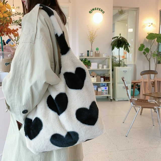 Plush Cow Pattern Tote Bag Y2k Vintage Shoulder Bag Fluffy - Temu