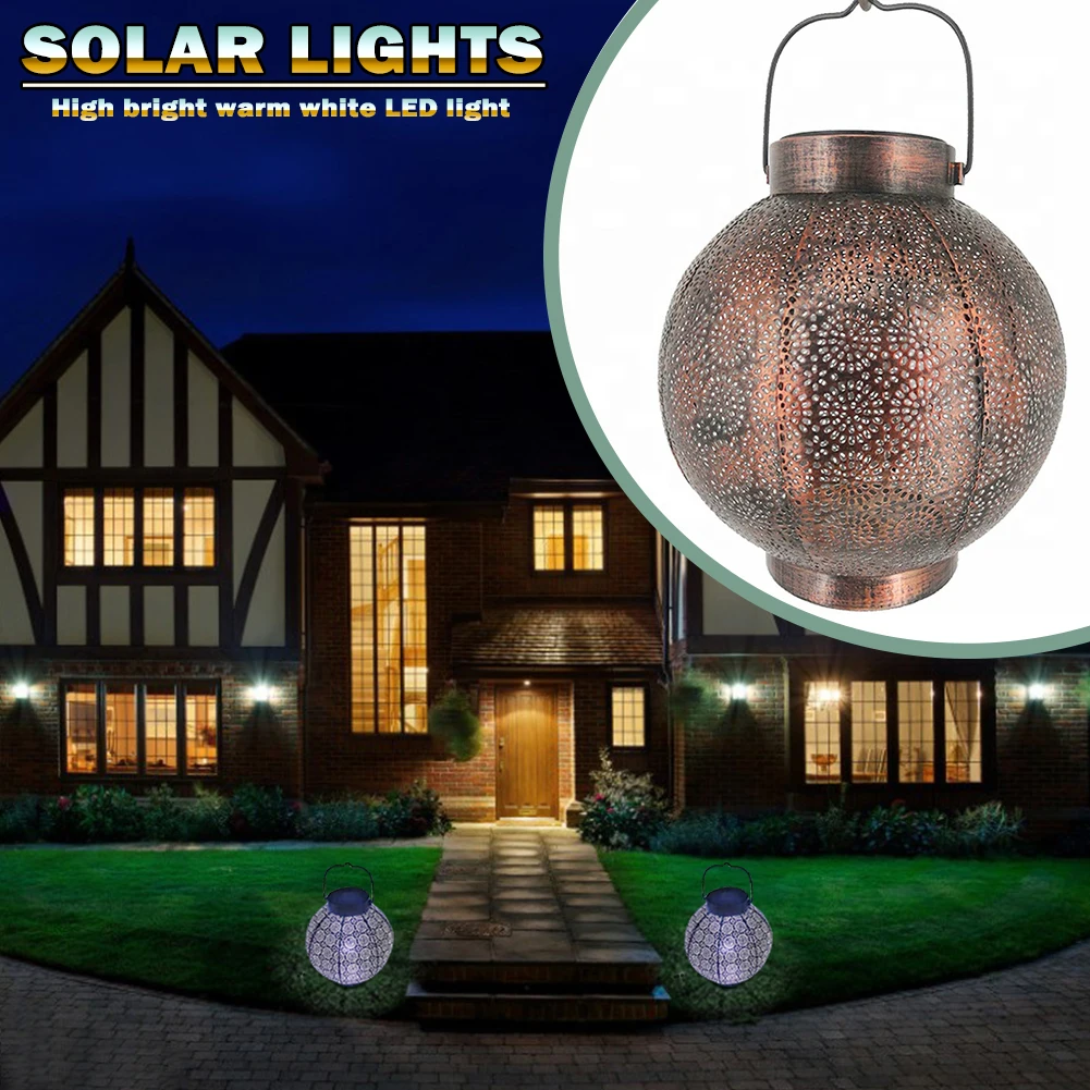 Solar Powered Lamp Retro Metallic Hollow Lantern Projection Light Outdoor Home Garden Hanging Decoration