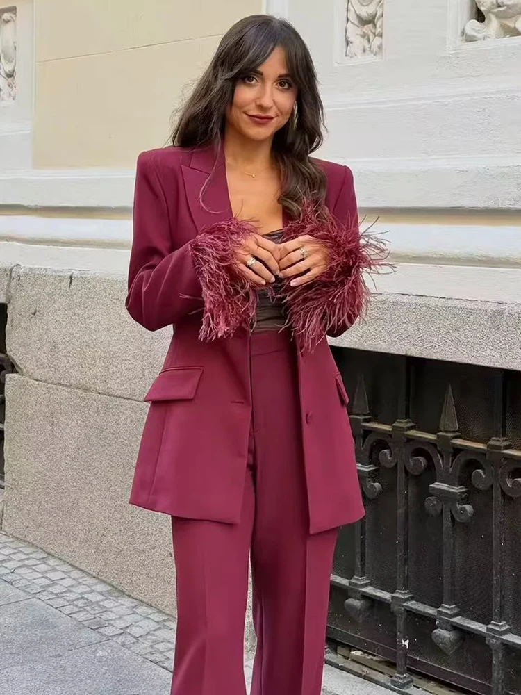 Women's Suit Pants Two-Piece Set Elegant Feather Long Sleeve Blazer Coat + Wide-Leg Pants 2 Pieces Sets Chic Woman Outfits