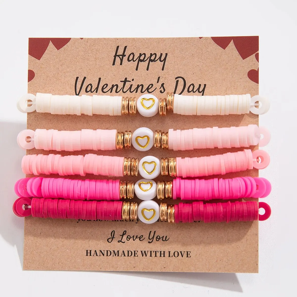 7Pcs/Set Romantic Love Heart Pendant Bracelets for Women Cute Trendy Pink Beaded Couples Bangles Valentine's Day Jewelry Gifts