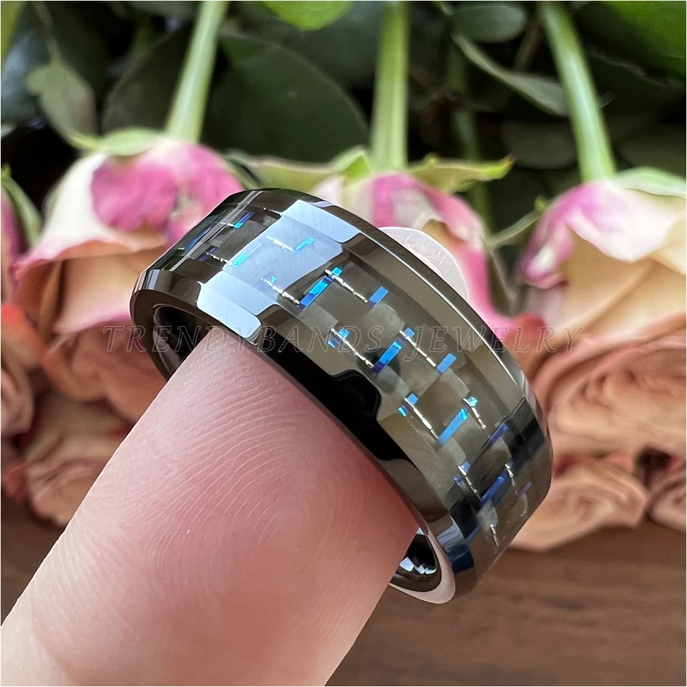 8mm Black Tungsten Ring for Men Women Beveled Edges Blue Carbon Fiber Inlay Polished Finish Comfort Fit