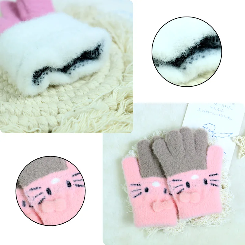 Winter Warm Woolen Gloves for 4-10 Years Old Cute Cartoon Cat Fingers Children's Color Block Gloves children gloves