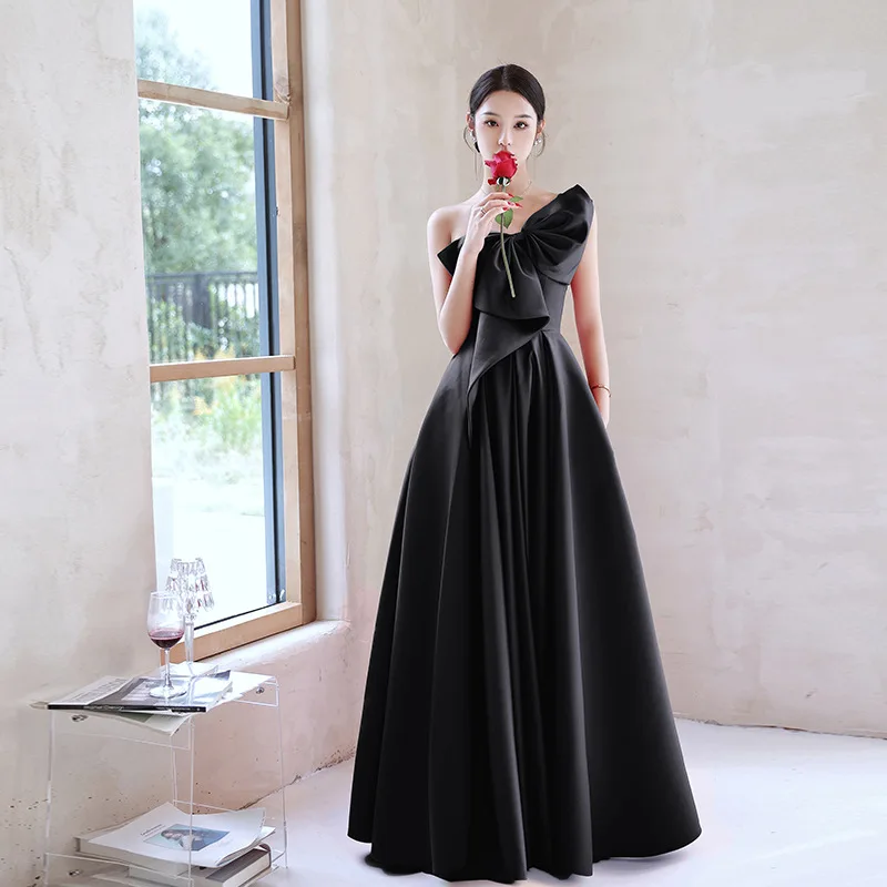 

New Black Evening dress Long Elegant Prom Vestidos Bow Draped One-shoulder Cross Lace Up Graduation Dress Trend Robe De Mariee