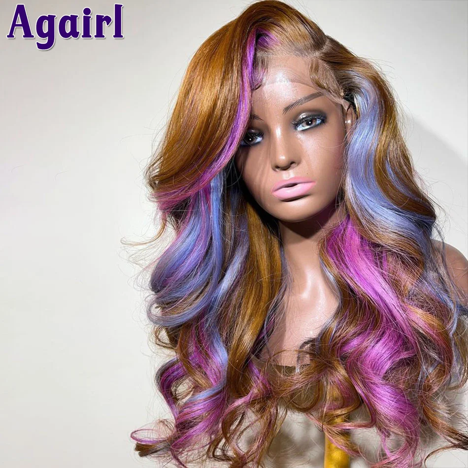 Lace Frontal Body Wave Human Hair Wig para mulheres, perucas coloridas, marrom, roxo, rosa, destaque, ondulado, 13x4, 613, 200%, 13x6