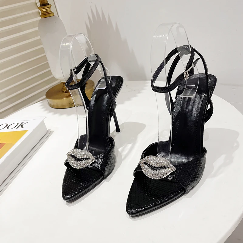 Pointed Peep Toe Rhinestone Lips Stiletto Solid Color Buckle Women Sandals High Heels Summer Gladiator Shoes Fashion Party Shoes