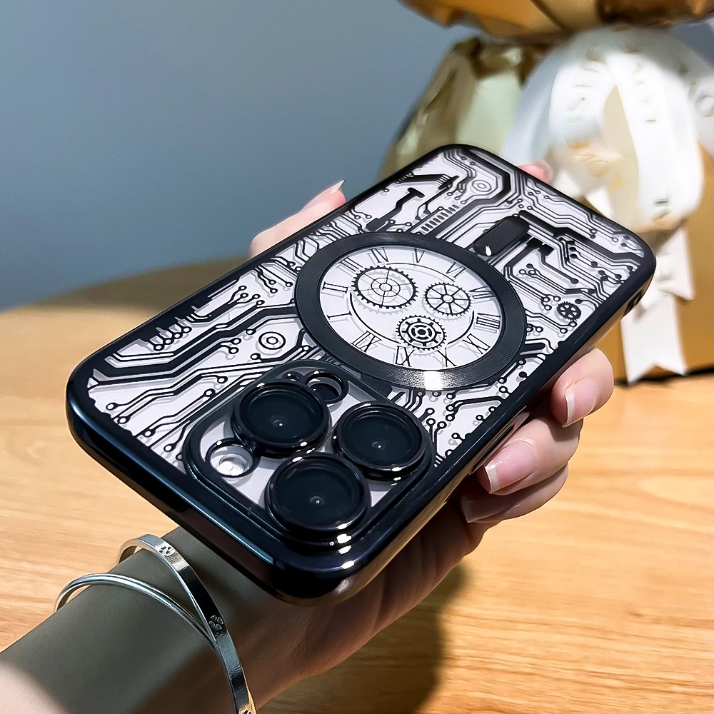 Luxury Mechanical For Magsafe Plating Clear Case For iPhone 14 13 12 11 Pro Max Plus Transparent Lens Protector Silicone Cover_voghion.com