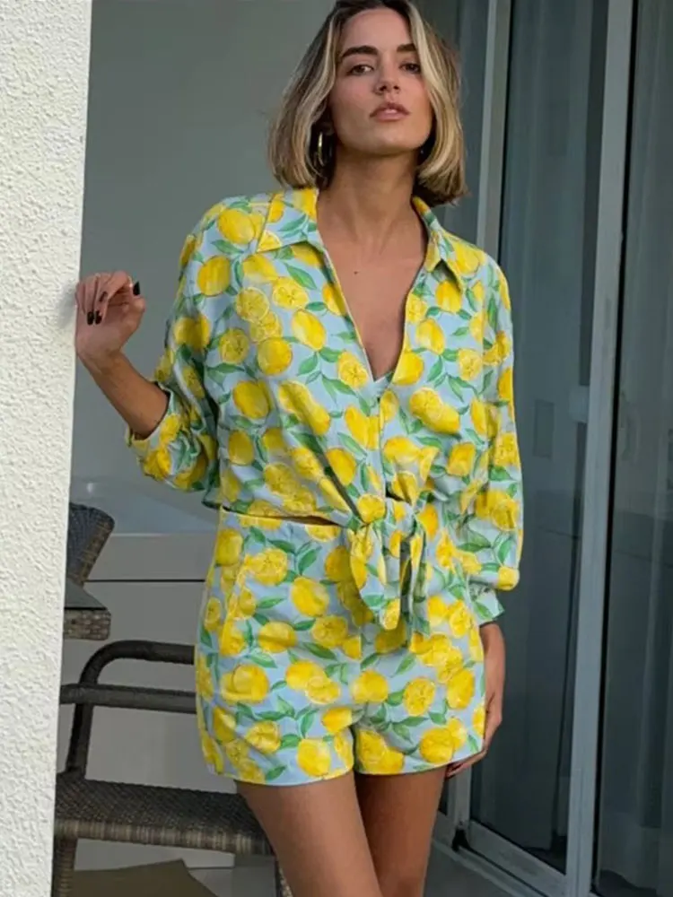 HH Women Fashion Fruit Print Cropped Bow Blouses Long Sleeve V Neck Shirt Loose Casual Holiday Beach Chic Top Blouse