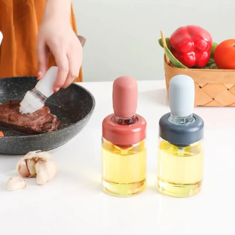 Glass Oil Bottle With Silicone Brush Kitchen Silicone Oil Brush Baking Barbecue Grill Dispenser Pastry Steak
