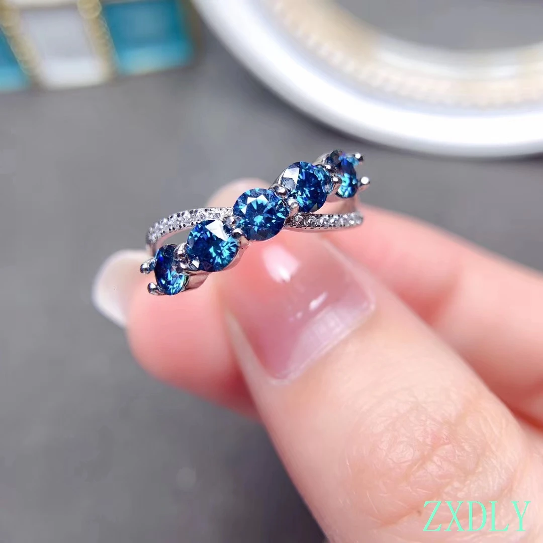 Fashion Female Girl Crystal Blue Stone Ring 925 Sterling Silver Love Round  Zircon Wedding Ring for