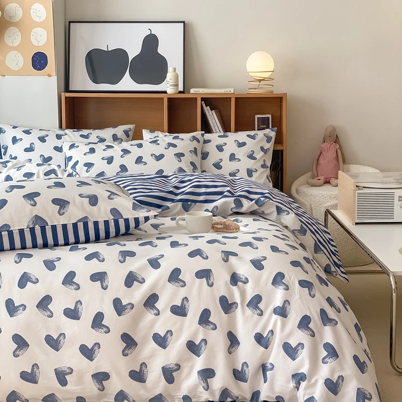 

EGW Bedding Set Home Linen 100%Cotton Heart Printed Duvet Cover Sheet Pillowcase Queen/King Size Pastoral Bedclothes 3/4pcs