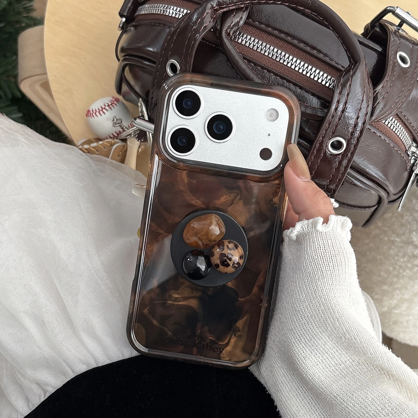 Korean Vintage Amber Leopard Print 3D Gemstone Stand Phone Case