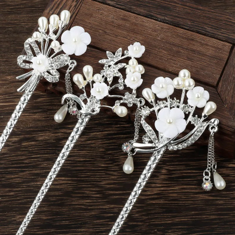 Fashion Rhinestone Flower Hair Stick for Women Vintage Crystal Hair Pins Jewelry with Party Girls Fashion Pearl Flower Hairpins