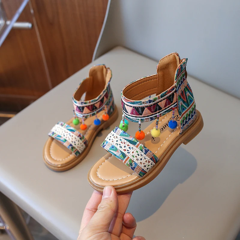 Girls Gladiator Sandals Ethnic Chinese National Sandals 2025 Summer Kids Beach Shoes Embroidery Zipper Open Toes Princess Korean