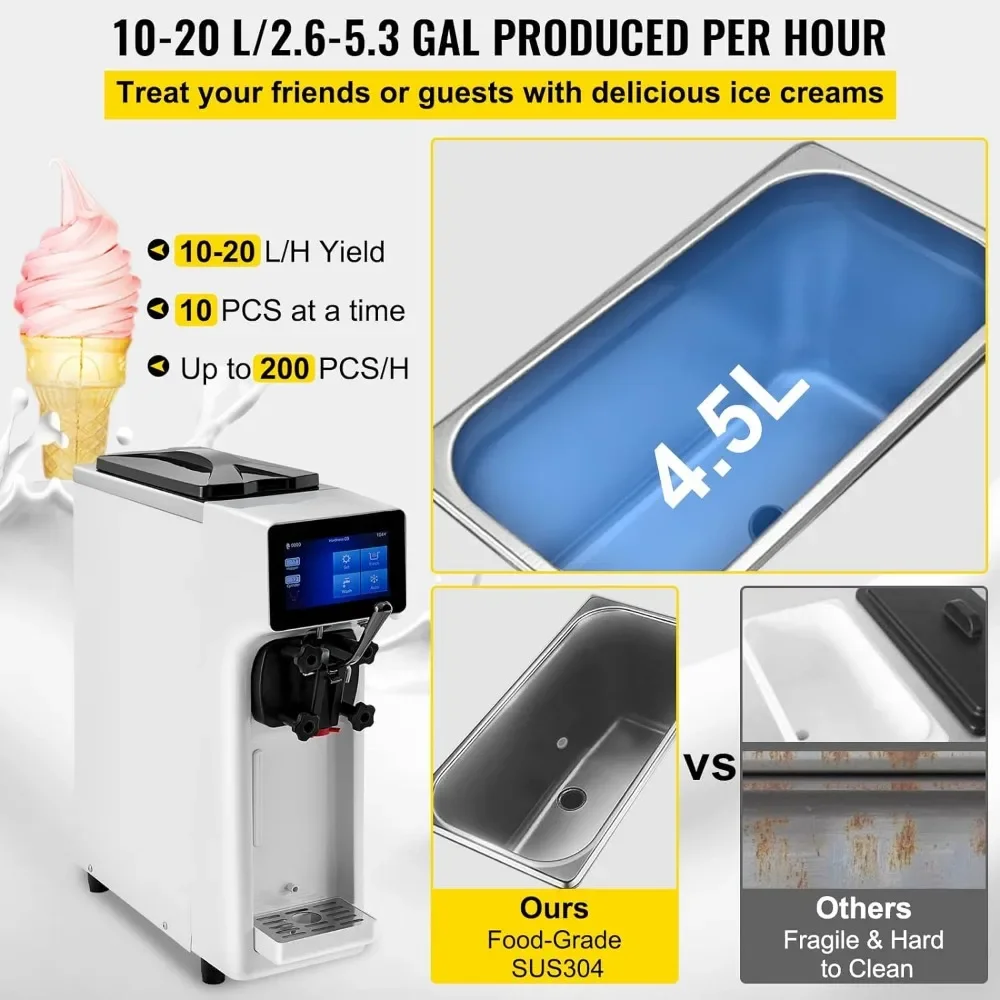 Commercial Ice Cream Maker Countertop Soft Serve Machine with 4.5L Hopper 1.6L Cylinder Touch Screen Puffing Shortage Alarm,ice cream sticks