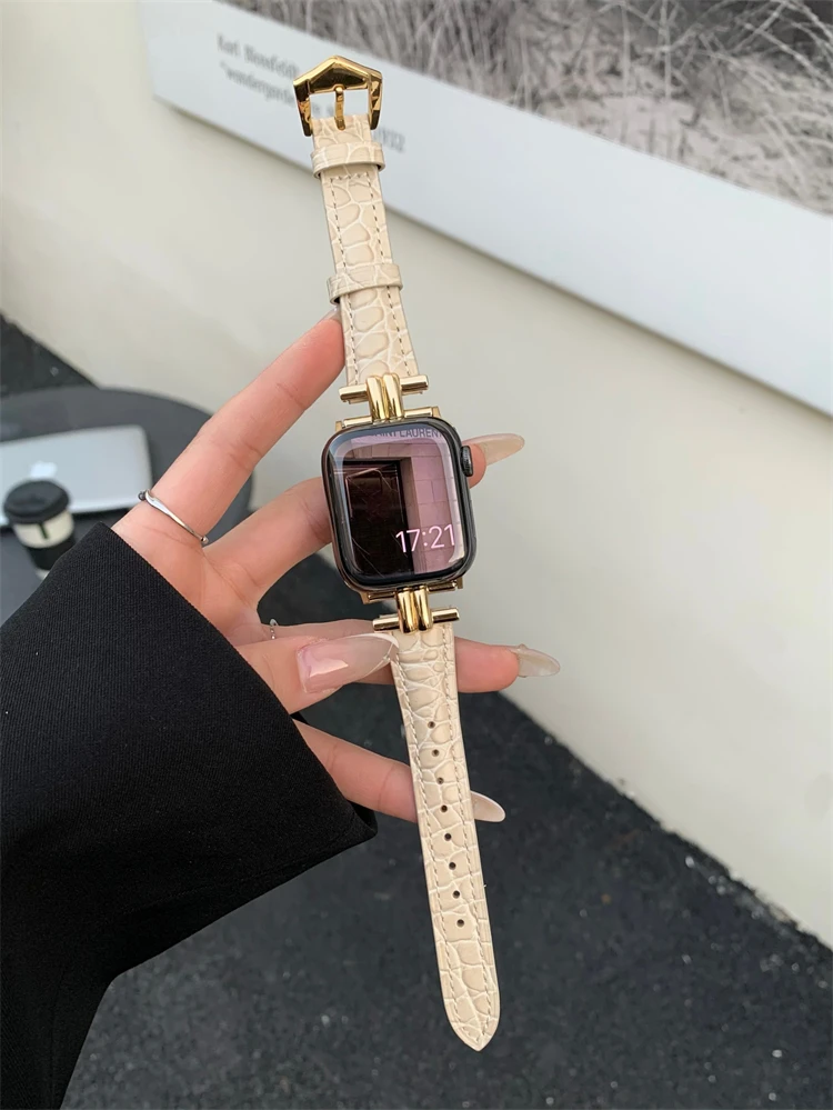الفاخرة الذهب معدن حقيقية حلقة من جلد ل iWatch سلس...