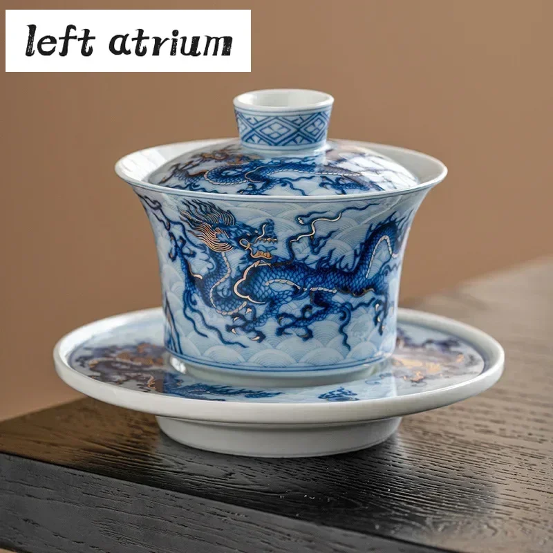 150ml Antique Gold Silver Inlaid Gaiwan Blue and White Dragon Tea Tureen Household Tea Maker Cover Bowl Services Ornaments