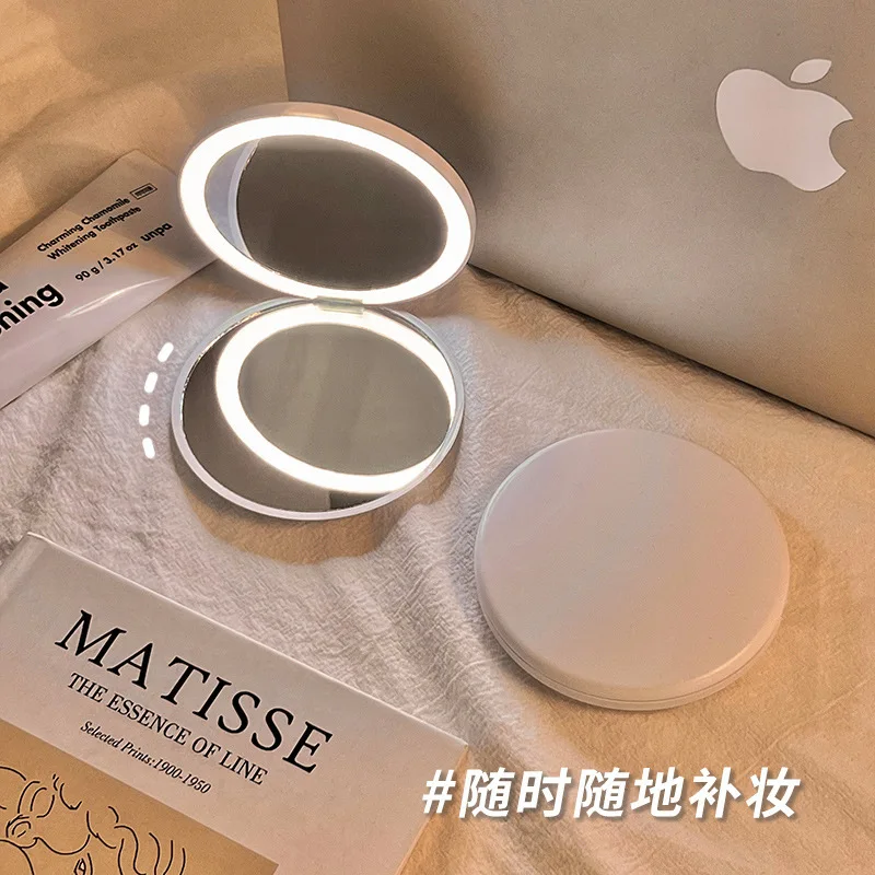 Makeup Mirror Portable Small Mirror Light LED Makeup Pocket Mini Handheld Luminous Folding Round