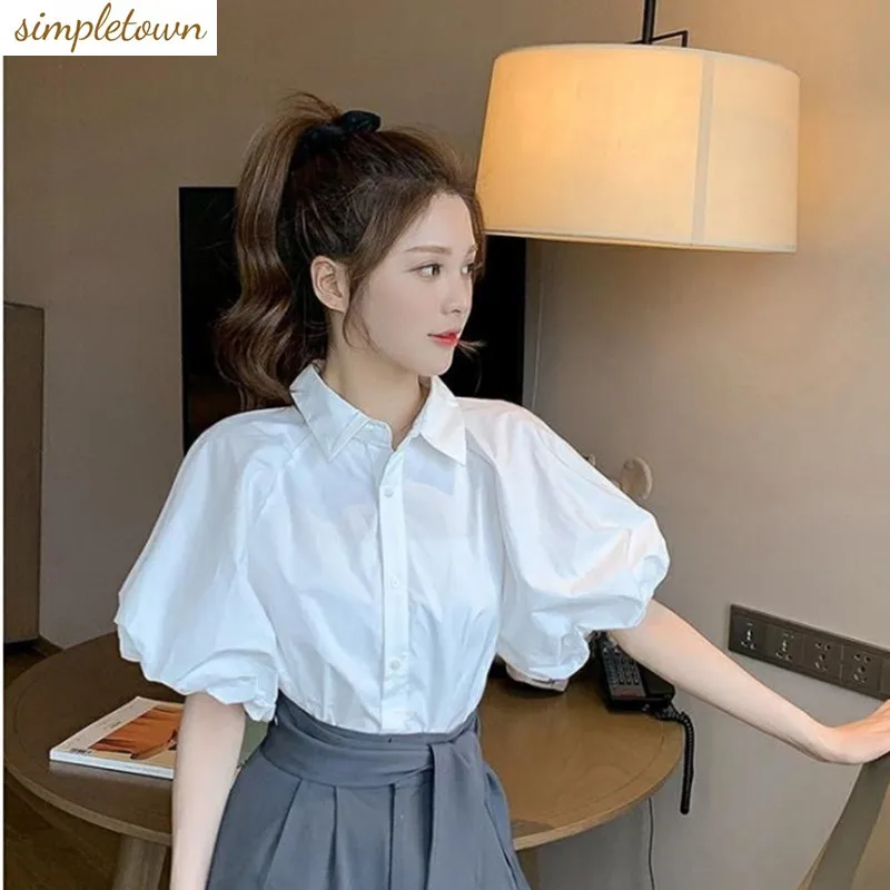 2024 Spring/Summer Korean Edition New Academy Style White Bubble Sleeve Shirt Vintage Top French Short Sleeve Shirt