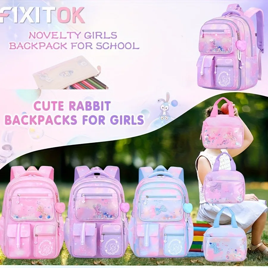 Girls 3Pcs School Backpack Set Sweet Cute Large Capacity Spine Protection Lightweight Children Primary Student Shoulder Bag 1