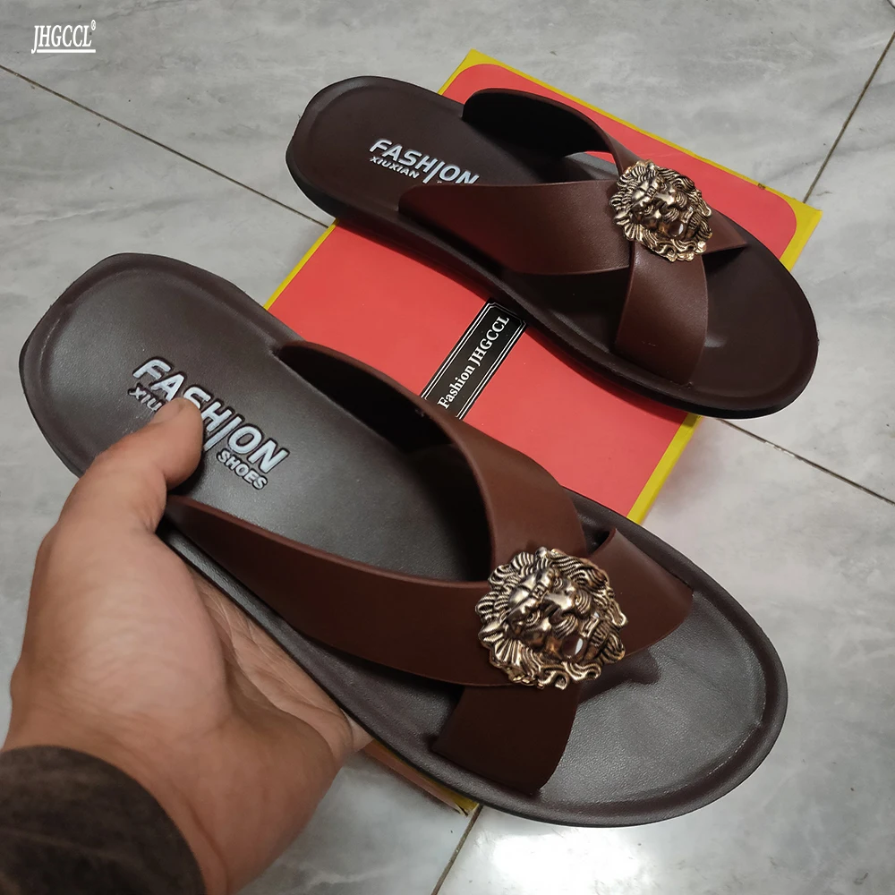 남성용 소가죽 슬리퍼 브랜드 디자이너 가죽 비치 슈즈, 여성용 플러스 사이즈 46, 47, 샌들, 새로운 스타일