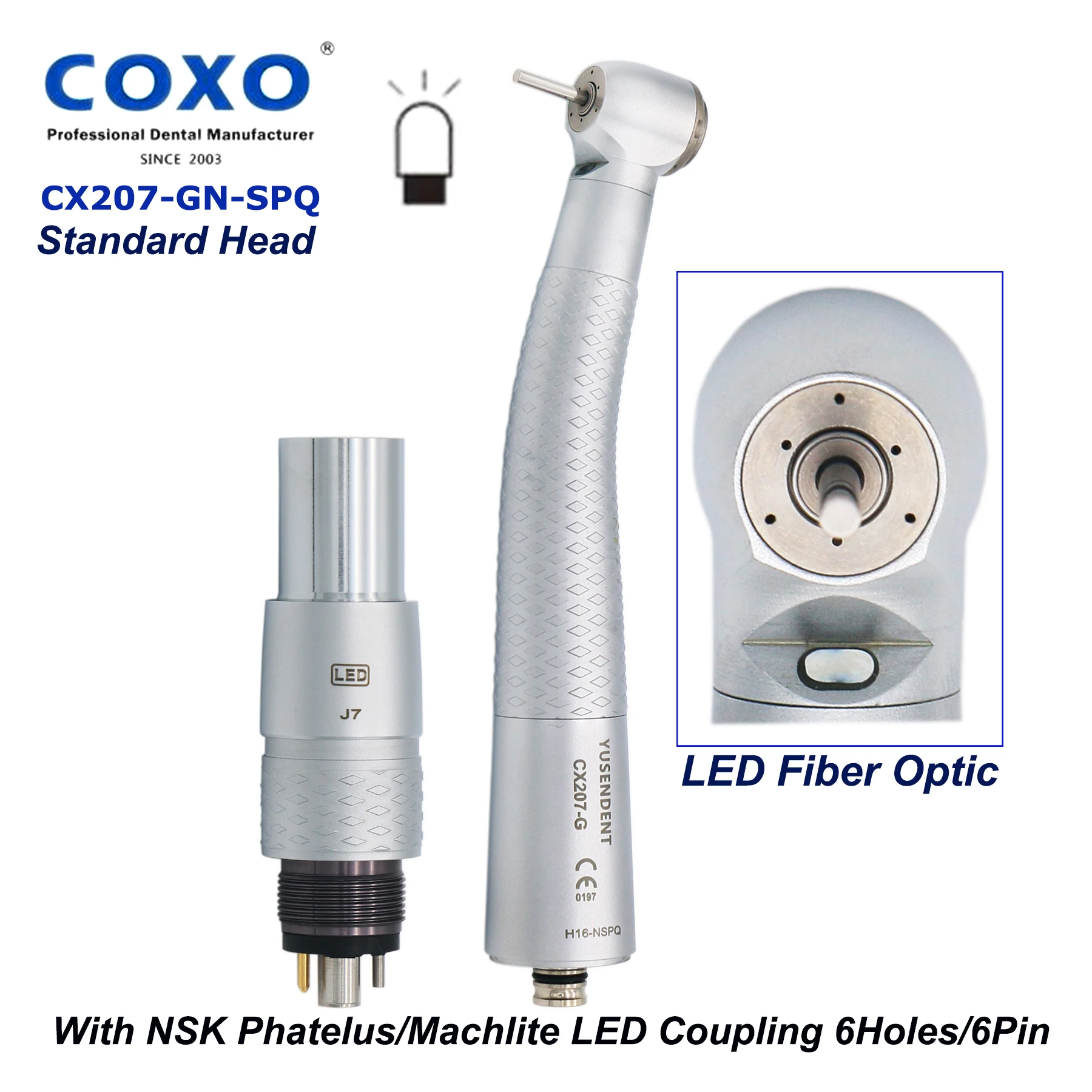 

COXO YUSENDENT Dental High Speed Fiber Optic Air Turbine LED Handpiece Standard Head With NSK Phatelus Machlite Coupling 6Pin