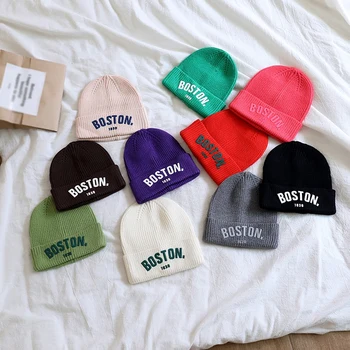 니트 귀 플랩 모자, 신축성 있는 모자, 글자 인쇄, 따뜻한 탄성 모자, 유행과 귀여운 바람 방지, 한국어 버전