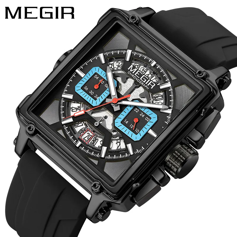 2023 MEGIR Square Dial Sport Quartz Watch Men Fashion Waterproof Luminous Wristwatch with Chronograph Date Blue Silicone Strap