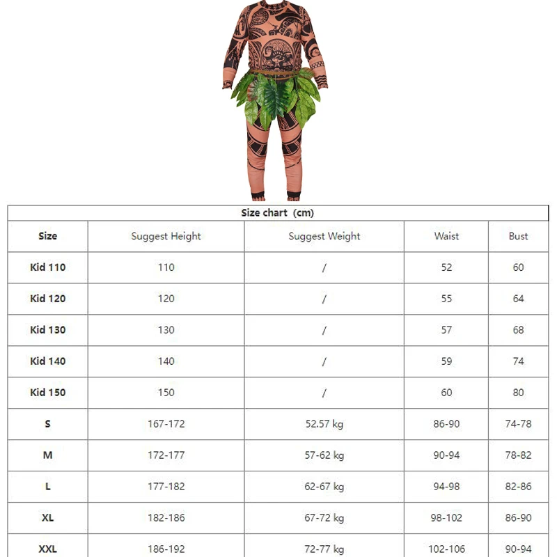 Venda quente adulto adulto trajes moana maui trajes tatuagem t camisa  calças trajes conjunto cosplay decoração trajes folhas - AliExpress