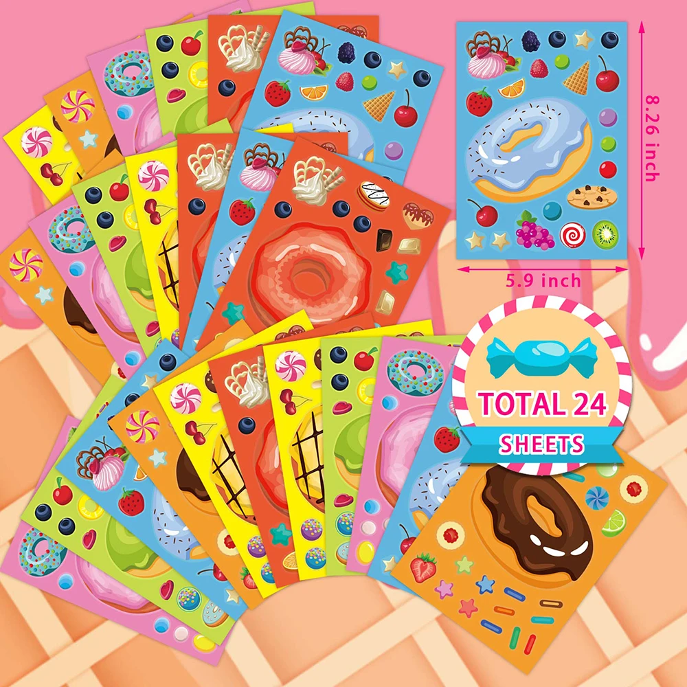 Puzzle Stickers 6/12Sheets DIY Donut Make-a-Face Candy Dessert Kids Funny Jigsaw Toy