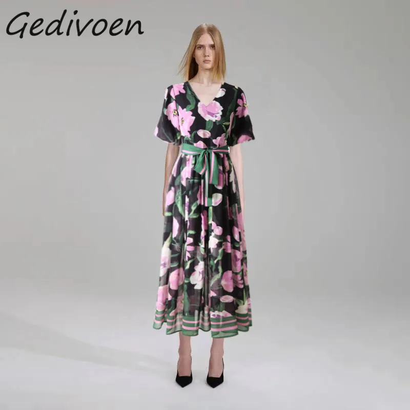 

Женское длинное платье Gedivoen, летнее модельное платье с цветочным принтом, V-образным вырезом и высокой талией, яркое платье для отдыха