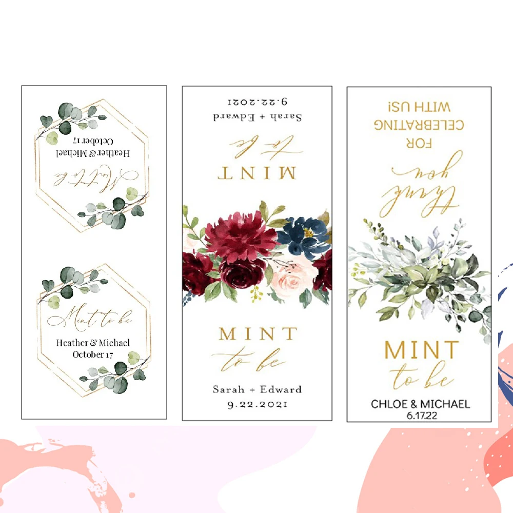 XOXOKristen 25 PCS Personalized Mint To Be Wedding Favor Stickers For Tic TACS Box, Custom Mint Labels With Date And Name Personalization, Pink And Green Designs With Greenery Flower - Labels - View #12