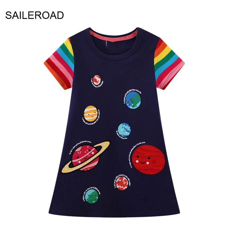 

SAILEROAD 2-7 Years 2023 New Princess Cotton Summer Children Short Sleeve Rainbow Planet Dresses Kids for Girls Skirt Clothes