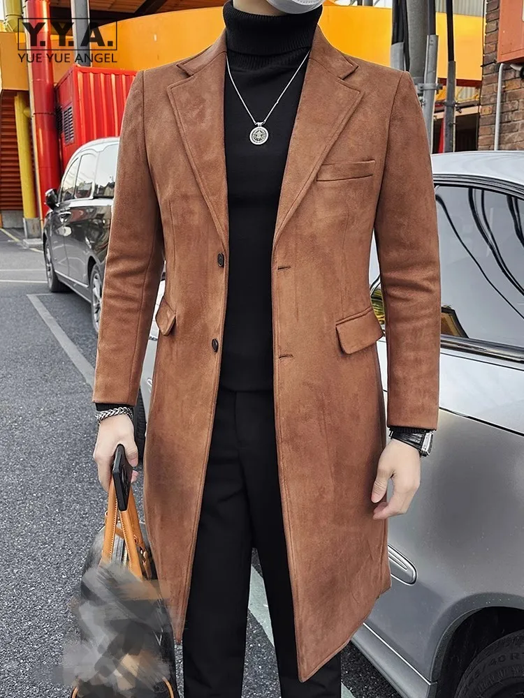 Winter Men Business Casual Slim Fit Padded Long Coat Warm Windbreakers Overcoat Single Breasted Fashion Office Mens Suede Trench
