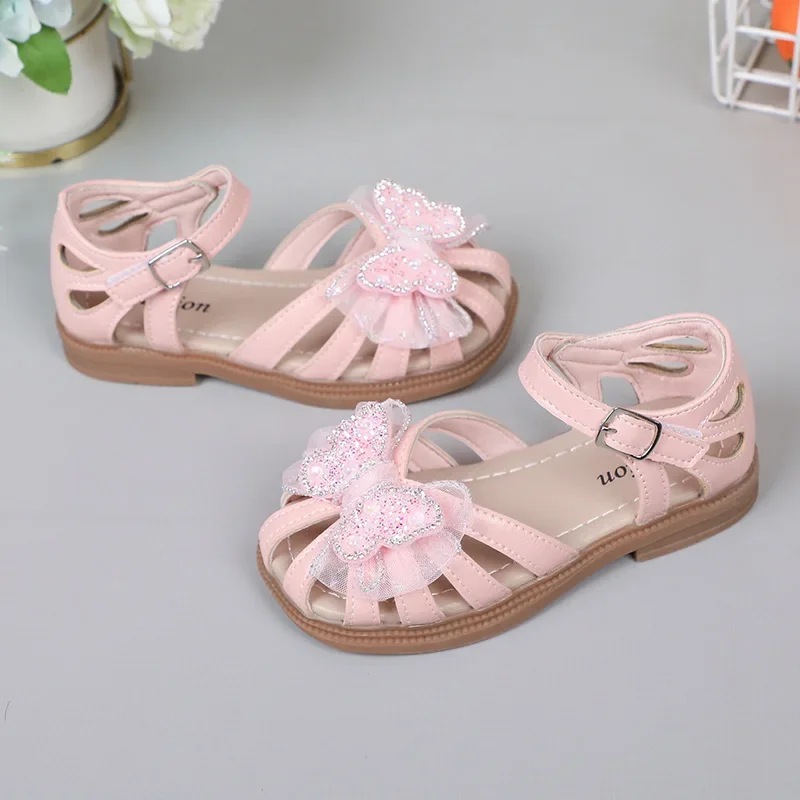 2025 Summer Girls Sandals Princess Beach Shoes Cut-outs Kids Sandals Crystal Butterfly Lace Sweet Soft Breathable Anti-kick Cute