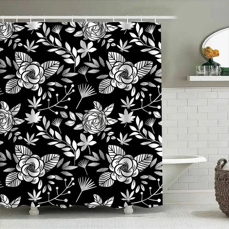 Black White Floral Shower Curtain Fabric Decor for Bathroom Extra Long Size Customize Option Available 4
