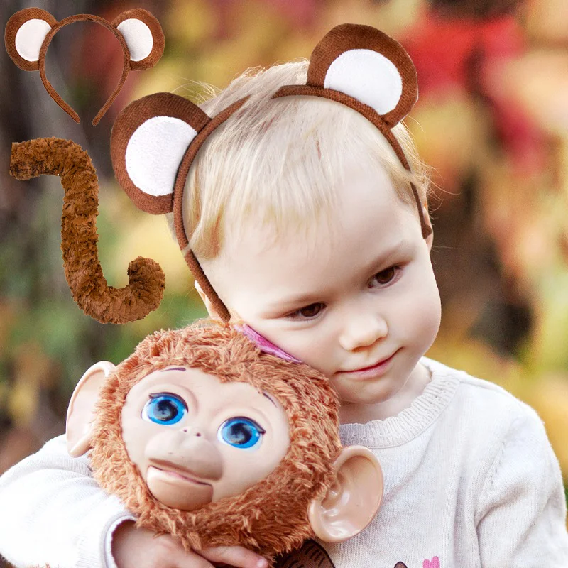Monkey Ear Headwear Tail Set Cute Animal Decorative Prop Accessories Boy Girl Party Holiday Dress Up Carnival Stage Show Suits