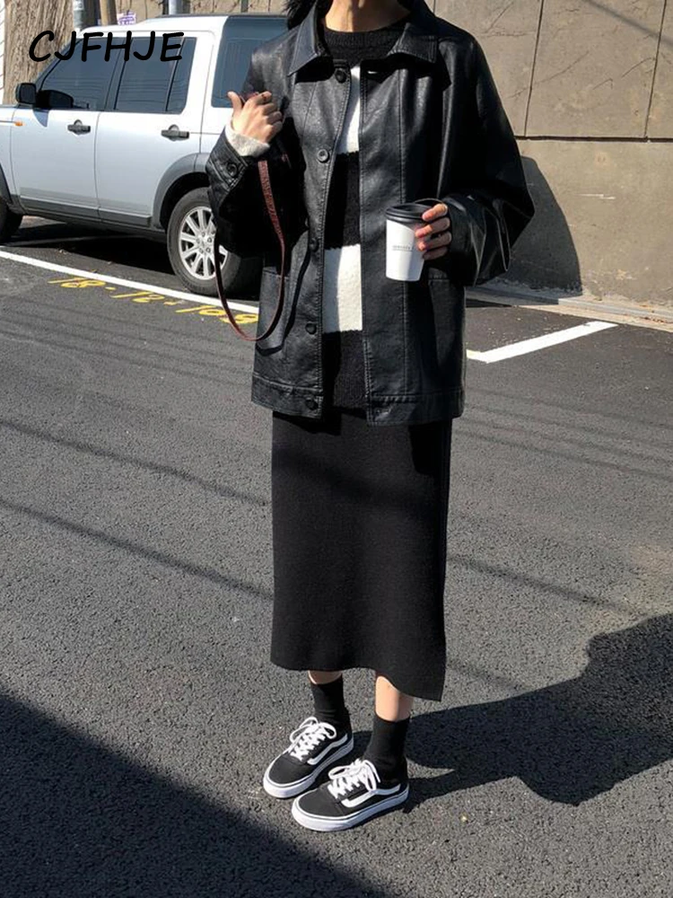 CJFHJE Black Winter Leather Jacket Women Korean Loose Thin Moto Jacket Female Autumn Fashion Streetwear Lady Outerwear Coats