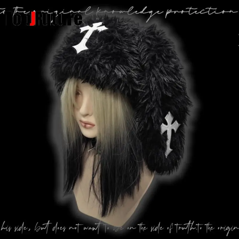 Women Japanese Harajuku Y2K Long Rabbit Ear Hat Gothic fluffy cross Winter Warm Bunny Ear Caps winter hat fashion hat