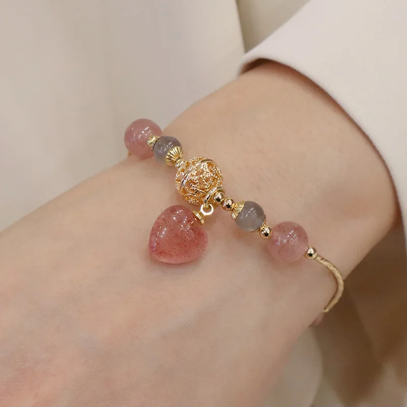 

ALLNEWME INS Hot Clear Pink Color Natural Stone Moonstone Beaded Bracelet for Women Gold Chain Heart Pendant Strand Bracelets