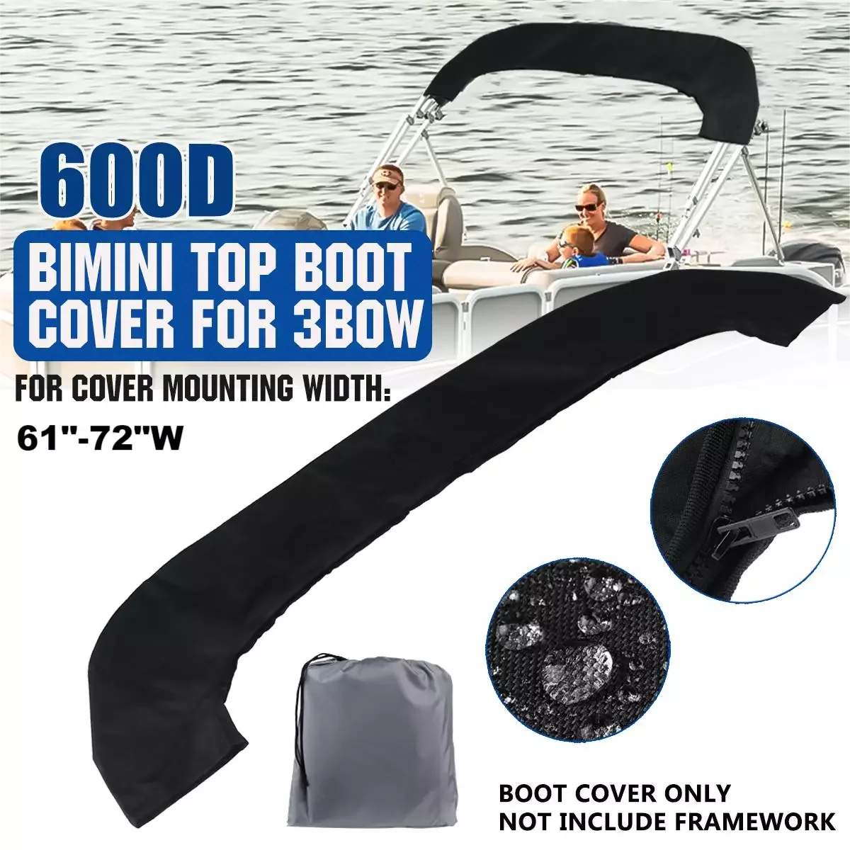 600D 3 Bow Top Boot Cover No Frame Yacht Waterproof Boat Cover With Zipper Anti UV Dustproof Marine Accessories