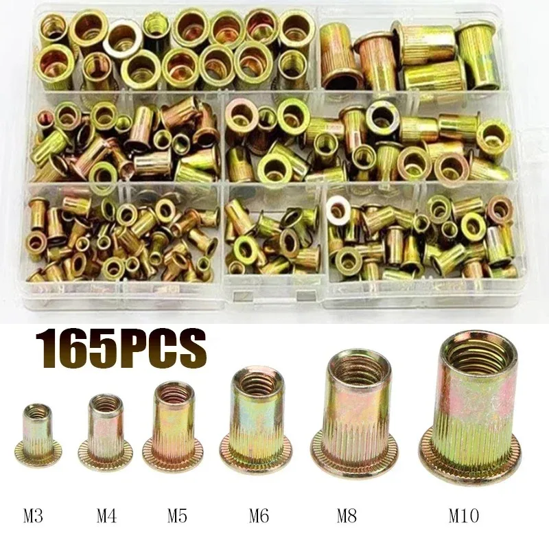 Rivet Nut Kit 100/165Pcs Zinc Plated Nuts Rivnut Flat Head Thread Rivets Inserted Into Nut Cap Rivet Nut Kit M3 M4 M5 M6 M8 M10 M12