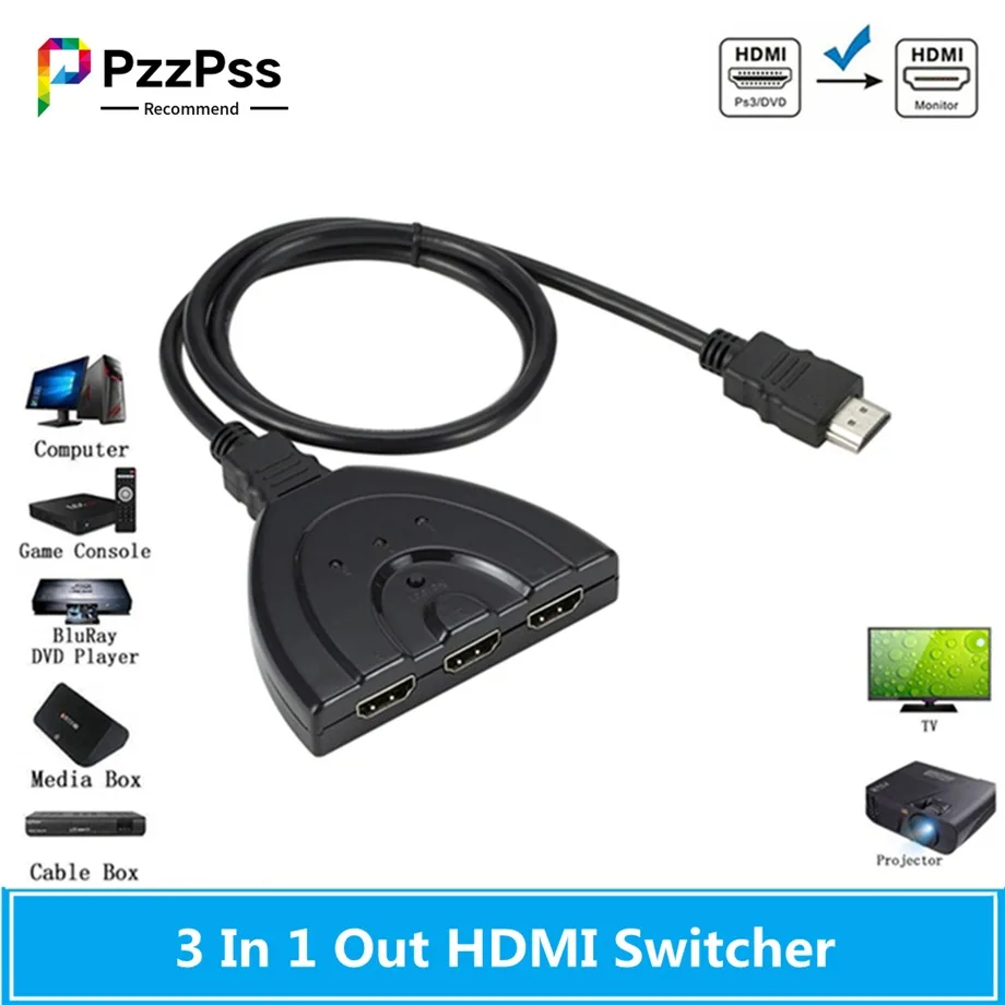 

PzzPss 3 Ports HDMI Switcher Adapter Cable 1080P HDMI Splitter HUB HDMI Switcher 3 in 1 out Switch Hub for HDTV Computer PC