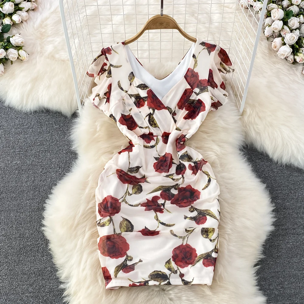 

Summer New Sexy Deep V-neck Short Dress Women Lotus Leaf Sleeves Rose Print Dress Women's Casual Mini Dress With Floral Print