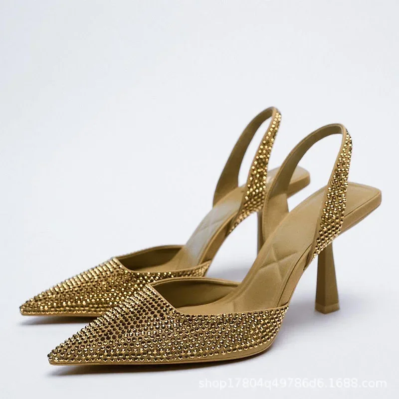 Gold Women Heels Sandals Summer Crystal Pointed Toe Female Stiletto African Party Rhinestone Shallow Slip on Heel Shoes women sandals women high heels
