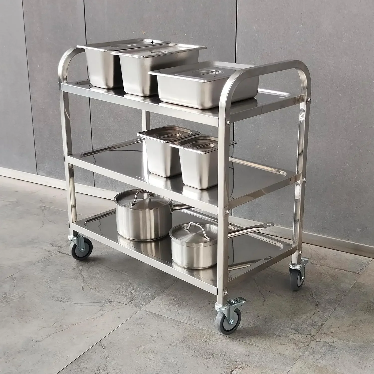 3-Tier Utility Cart with Wheels Kitchen Island Stainless Steel Trolley Serving Cart 300 lbs Capacity Catering Storage Shelf