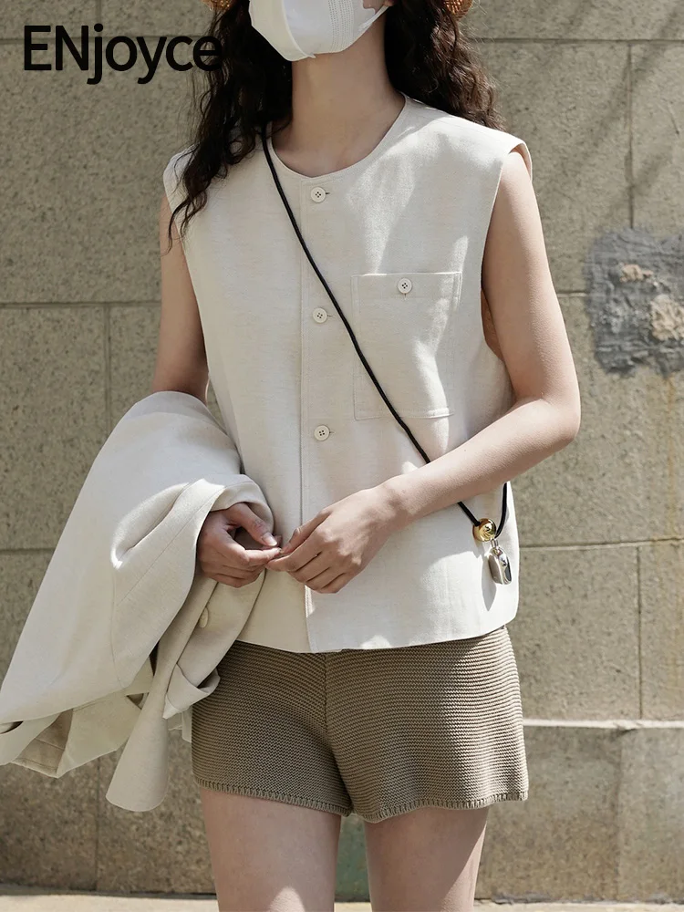 

ENjoyce Old Money Style Women Vintage Linen Suit Vest Lady Casual Loose Fit Sleeveless Short Coat Female V-Neck Chic Tops