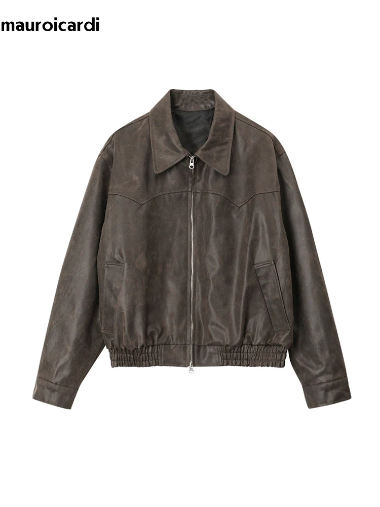 Mauroicardi Spring Autumn Vintage Lightweight Distressed Washed Brown Pu Leather Jacket Men Zipper Casual Korean Fashion Clothes