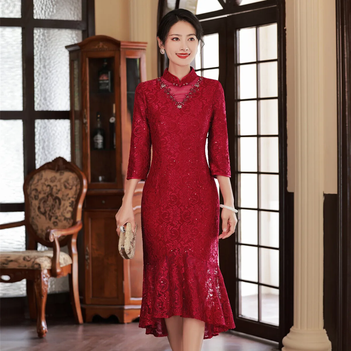 

Sexy Lace Fishtail Cheongsam Fashionable Sequins Elegant Improvement Qipao Wedding Party Gown Traditional New Chinese Dress