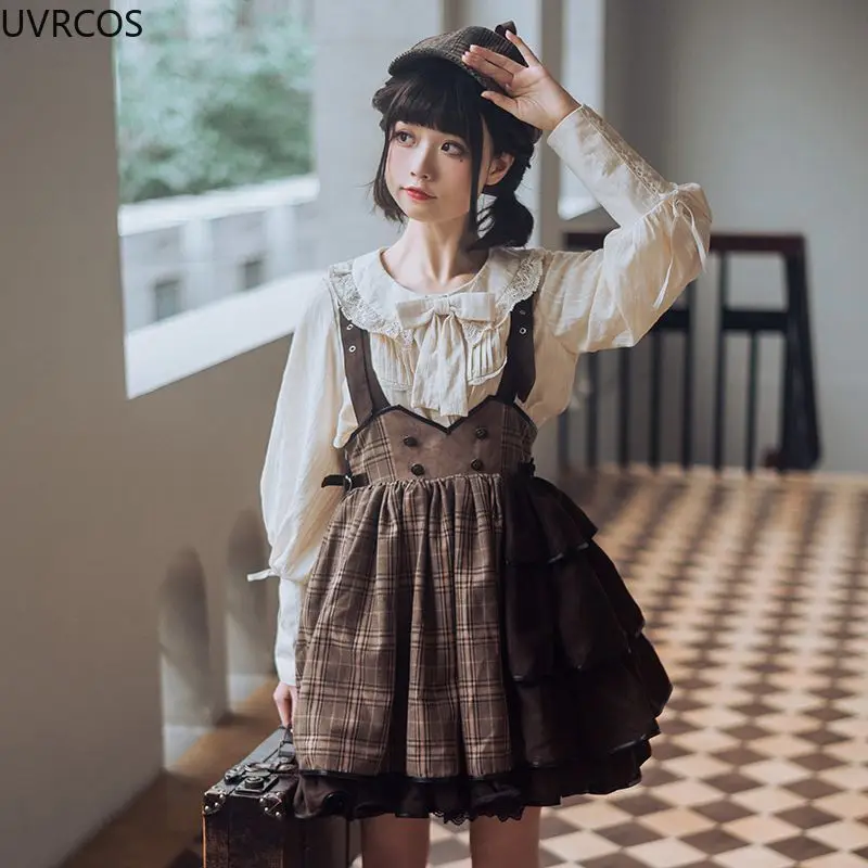Spring Summer Japanese Gothic Lolita Jsk Dress Women Kawaii Ruffle Harajuku Brown Strap Dress Girls Punk Loli Tea Party Vestidos lolita dress lolita suspender dress lolita cosplay costumes suspender dress