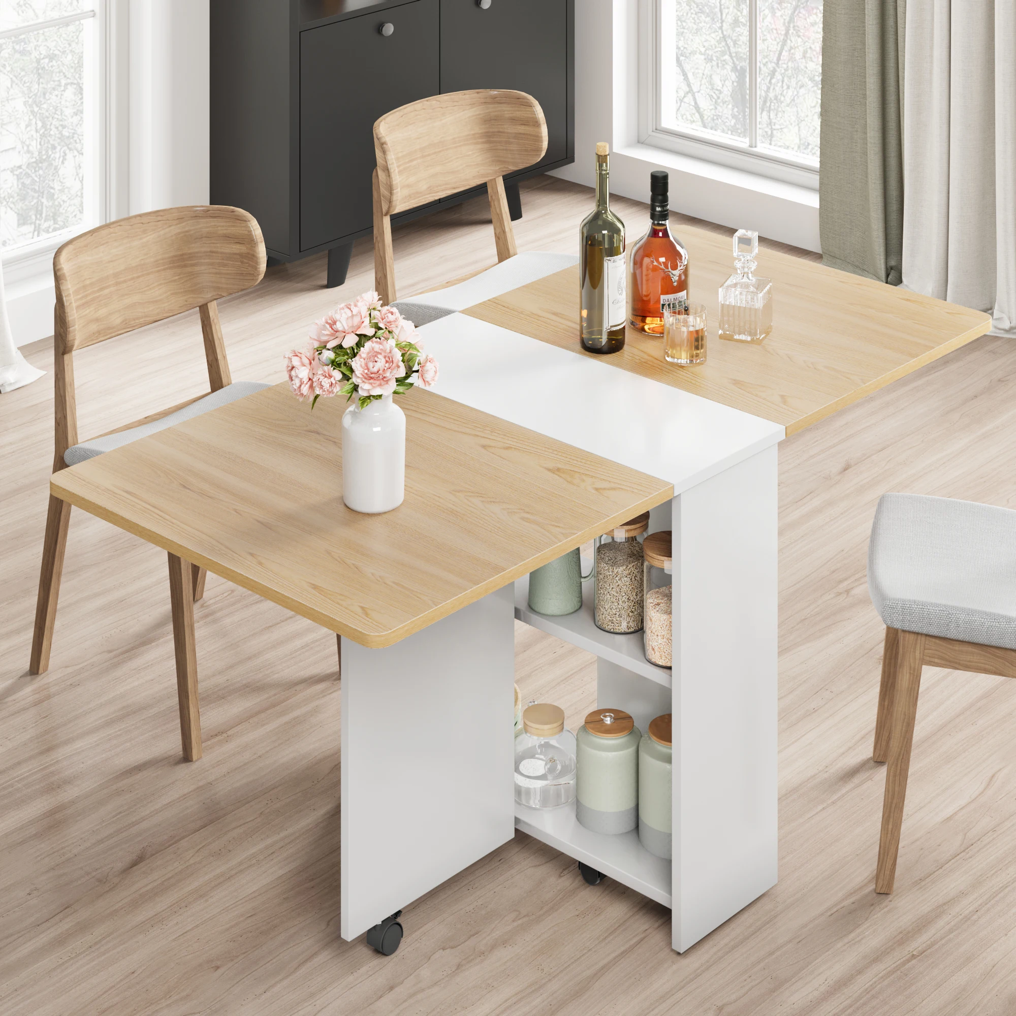 Farmhouse Folding Dining Table Expandable Drop Leaf Table With Storage & Wheels For Small Apartment Kitchen